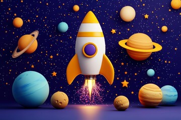Wall Mural - cartoon rocket launching into space amongst planets and stars