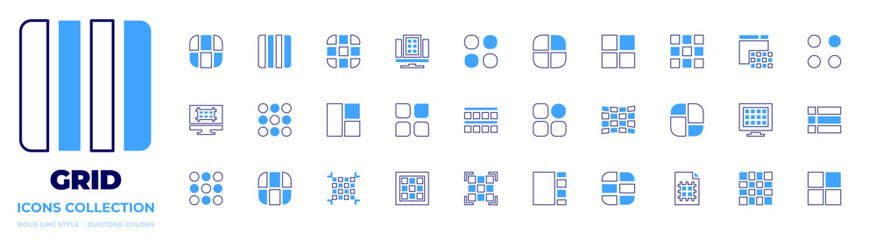 Grid icon collection. Bold line style. Duotone colors. menu, category, grid, grid lines, layout