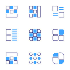 Grid icon set. Bold line style. Duotone colors. Editable stroke. menu, grid, grid lines, table, layout