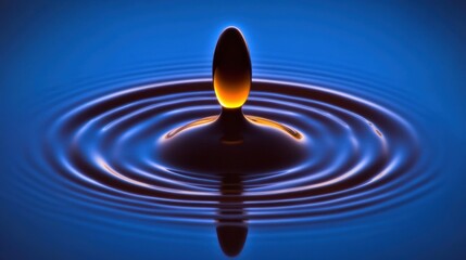 Wall Mural - a single water droplet creating ripples on a blue liquid surface with light reflection