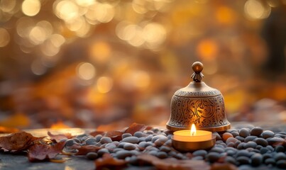 Wall Mural - small brass bell and candle, smooth pebbles on the table, with a blurred background of brown leaves in autumn, creating an atmosphere for meditation or relaxation during the holy month of Ramadan