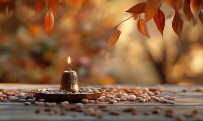 Wall Mural - small brass bell and candle, smooth pebbles on the table, with a blurred background of brown leaves in autumn, creating an atmosphere for meditation or relaxation during the holy month of Ramadan