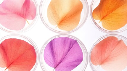 Wall Mural - Colorful flower petal in clear containers arranged symmetrically on a light background