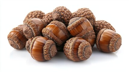 Wall Mural - Pile of acorns on white background, autumn harvest, nature food