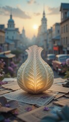 Wall Mural - Illuminated Cabbage Sculpture on Old Papers at Sunset