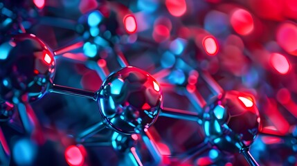 Wall Mural - close-up view of an abstract molecular structure with vibrant red and blue neon glow, highlighting t