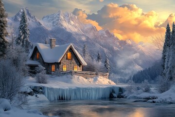 Canvas Print - beautiful house in the snow, with mountains and rivers behind it. The sun is setting, casting warm colors on everything. It's winter, with heavy white clouds overhead. 