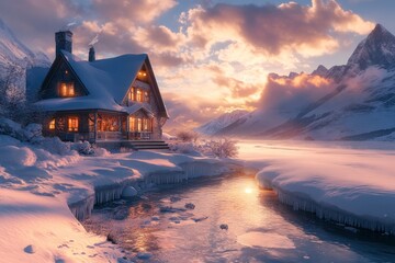 Canvas Print - beautiful house in the snow, with mountains and rivers behind it. The sun is setting, casting warm colors on everything. It's winter, with heavy white clouds overhead. 