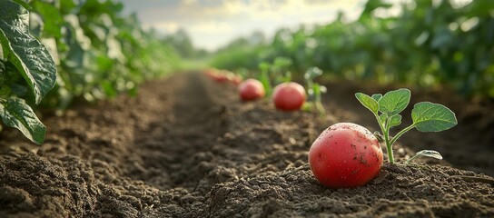 Wall Mural - Red potatoes growing in a field at sunset.  Agriculture harvest