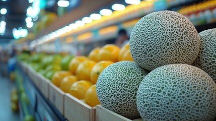 Wall Mural - Ripe melons and oranges on supermarket shelves