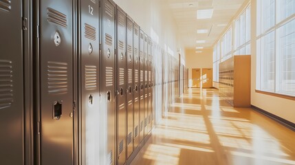 Wall Mural - School hallway with metal lockers bathed in sunlight shining through