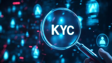 Poster - A digital representation of KYC (Know Your Customer) with a magnifying glass, emphasizing identity verification and security.