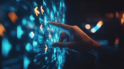 Fototapete - A hand interacts with a futuristic, illuminated digital interface featuring glowing arrows and symbols.