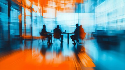 Leinwandbilder - A blurred image of silhouettes seated around a table in a brightly lit space, suggesting a meeting or discussion.