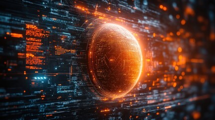 Glowing sphere data visualization, digital background, technology concept, website banner