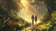 © Kanlayarawit - A couple holding hands, walking along a forest trail filled with fresh greenery and blooming flowers, sunlight streaming through the trees.