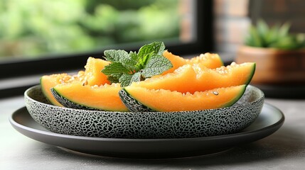 Wall Mural - Sliced cantaloupe on plate, kitchen background, healthy snack