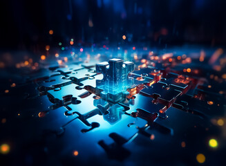 Poster - A luminous blue puzzle formation stands out against a dark backdrop, highlighted by soft bokeh lights. It evokes a sense of futuristic connectivity and abstract digital design.