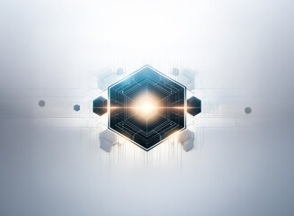 Leinwandbilder - A glowing hexagon in the center with geometric shapes around it on a light grey background creates a futuristic and abstract visual.