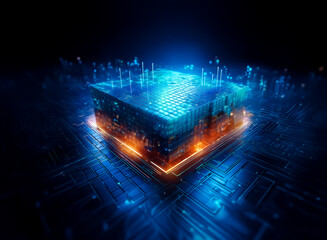 Leinwandbilder - Abstract glowing cube with blue and orange lights on a dark background.  Digital design featuring circuit board patterns, representing technology and futuristic concepts.