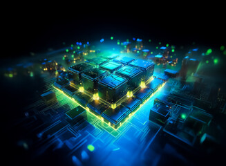 Leinwandbilder - Futuristic technology concept with a glowing, intricate circuit board design.  Bright blue and green lights illuminate the geometric patterns of a digital processor.
