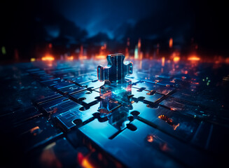 Poster - A glowing jigsaw piece fits into a dark, futuristic puzzle, illuminated with blue and orange lights, representing connection and technology.