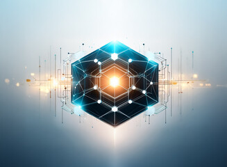 Fototapete - Futuristic digital cube with glowing lines and dots forming a network.  Bright light emanates from the center, highlighting the geometric structure.