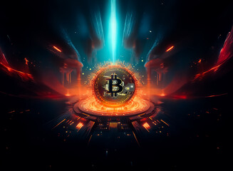 Aufkleber - Futuristic scene with a glowing digital currency symbol at the center, emanating bright orange light. Dark background with abstract shapes and beams of bright blue light from above.
