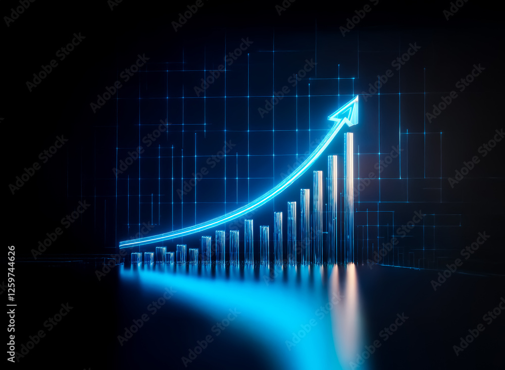 An illuminated blue graph with rising bars and an arrow pointing ...