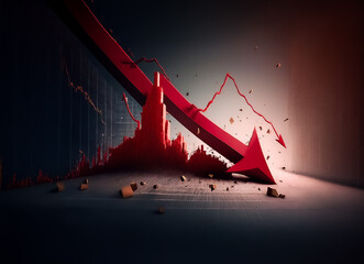 Poster - A large red arrow forcefully crashes downwards, breaking through a surface, with a graph hinting at decline in the dark background. Symbolizing economic downturn.