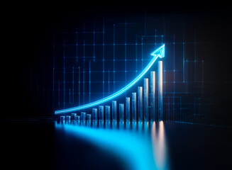 An illuminated blue graph with rising bars and an arrow pointing upwards, symbolizing growth and progress against a dark digital grid backdrop.