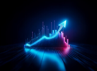 Leinwandbilder - Futuristic neon arrow and bar graph display rising growth. Glowing cyan arrow points upwards along pink and purple bars against a dark backdrop.
