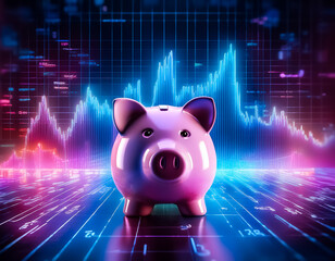 Fototapete - A pink piggy bank is positioned in front of a neon illuminated financial chart. It represents digital savings, investment, and growth in a modern, technological world.