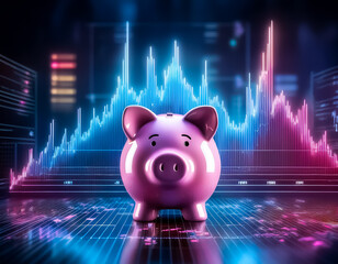 Poster - Pink piggy bank in the foreground with vibrant blue and pink neon graphs in the background, depicting modern digital finance and savings.