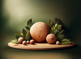 Fototapete - Wooden spheres and egg shapes are arranged with green leaves on a round wooden platform against a blurred green backdrop. A simple, natural still life composition with earthy tones and soft lighting.