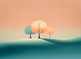 Poster - Soft pastel landscape art featuring three stylized trees with round crowns perched on smooth rolling hills under a gradient sky. A calm and serene nature scene.