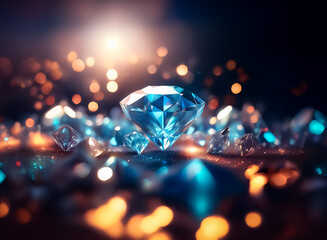 Poster - A collection of sparkling diamonds scattered on a surface, with a prominent blue diamond catching the light, creating a luxurious and glamorous atmosphere with bokeh lights.