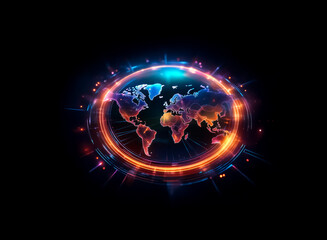 Leinwandbilder - A stylized world map with continents is encircled by vibrant, glowing rings and particles against a dark backdrop.  It evokes a sense of futuristic technology and global connectivity.