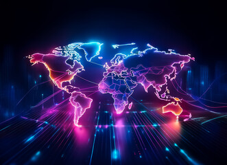 Leinwandbilder - Vibrant, neon world map in pink, blue, and purple hues. Futuristic design with converging digital lines creates depth and a global perspective.