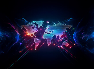 Fototapete - Digital world map with glowing connections highlights global network and futuristic technology on a dark backdrop with vibrant colors.