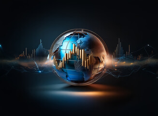 Fototapete - A luminous globe displays a golden bar chart, encircled by dynamic digital lines on a shadowy background, representing worldwide business and analytical data.