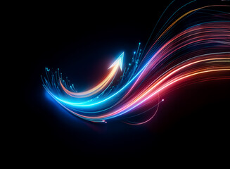 Poster - A dynamic glowing arrow, formed from vibrant blue and red light trails, points upwards on a dark background, suggesting motion and progress.