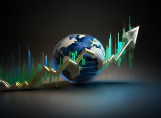 Aufkleber - Global market growth depicted with a globe and an upward trending chart.  Financial progress and economic development are visually represented.