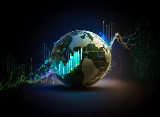 Poster - Vibrant digital financial charts overlay a world globe, illustrating global market trends and economic data against a dark background.