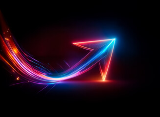 Fototapete - A vibrant neon arrow streaks upward against a dark backdrop, illuminated with blue and red hues.  Dynamic light trails follow, suggesting motion and progress.