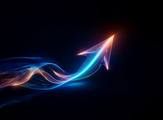 Poster - Abstract glowing arrow pointing up and right with a flowing light trail on a dark background. Orange arrow tip with blended blue and orange hues in trail.