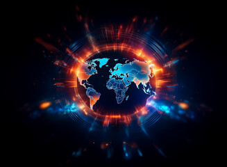 Leinwandbilder - A glowing world globe is centrally positioned, encircled by vibrant bursts of light and energy against a dark backdrop, creating an abstract and futuristic scene.