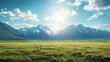 © Fenny - Sunny day in mountain valley, green field, scenic background, travel postcard