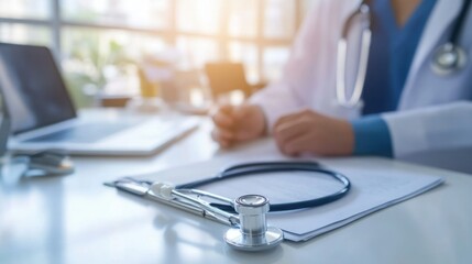 Wall Mural - Doctor s Office Desk with Stethoscope Medical Records and Laptop Healthcare Concept