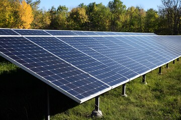 Wall Mural - Autumnal solar panels generating energy in a field